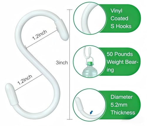 3 Inch Vinyl Coated S Hooks - Heavy Duty Non-Slip Steel Hooks, 10 Pack White