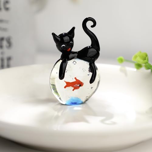 QFkris Hand Blown Glass Black Cat Figurine - Mini Home Decor, 1.6 Inches