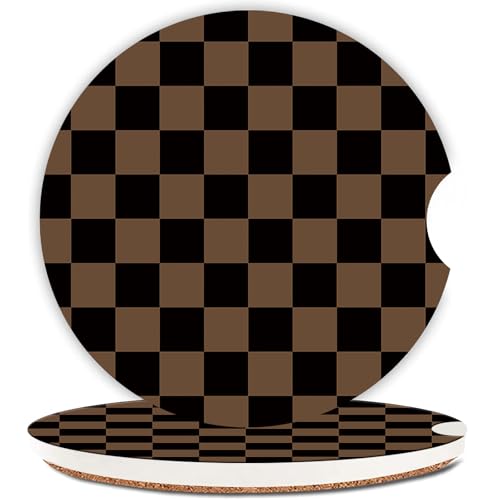 Khaki Checkered Ceramic Car Coasters - 2 Pack with Cork Base