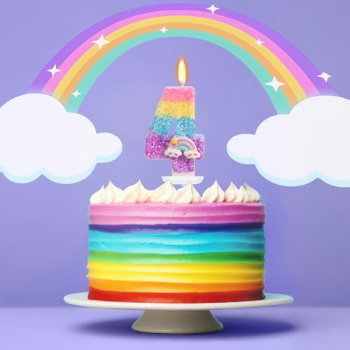 Number 4 Rainbow Birthday Candle with Sequins - Glitter Cake Decoration