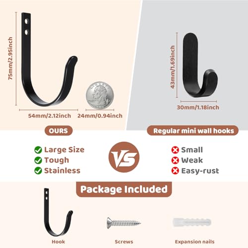Heavy Duty Black Wall Hooks - 4 Pcs, 22LB Capacity for Coats & Bags