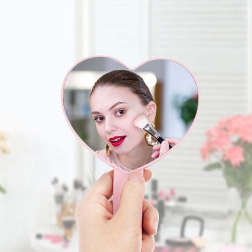 Pink Heart Shaped Handheld Makeup Mirror Small Portable Cosmetic Mirror