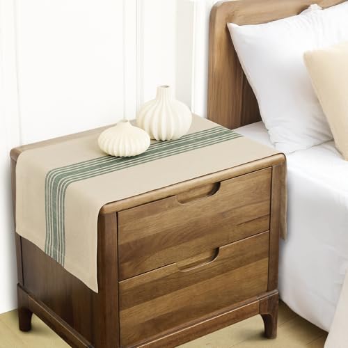 Linen Table Runner 14x48 Inches - Green & Natural Striped, Handcrafted, Eco-Friendly