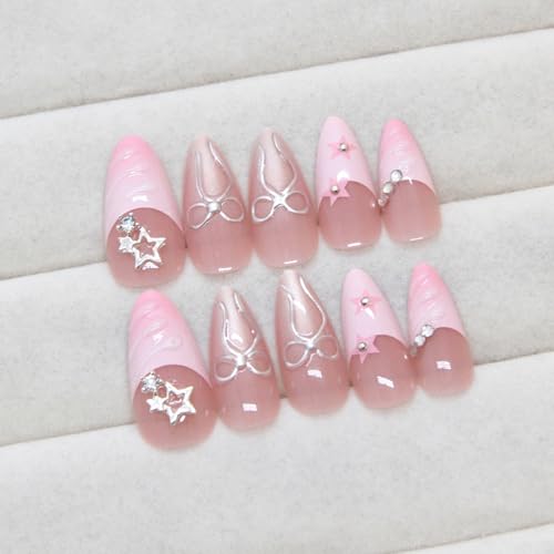 French Tip Press on Nails Medium Almond 3D Star Rhinestones Bow Design