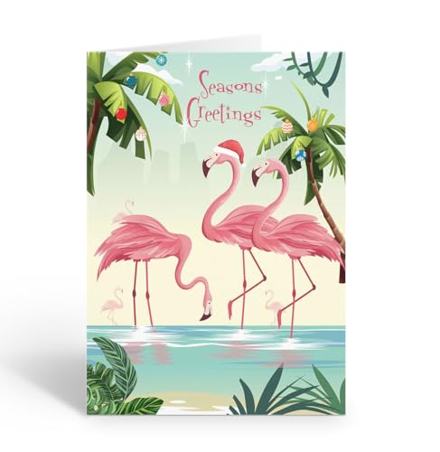 Festive Flamingo Christmas Cards - 12 Count with Envelopes, Tropical Holiday Greeting Cards