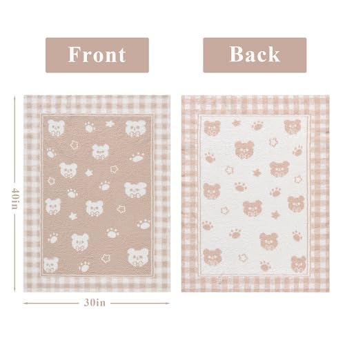 Checkered Beige Teddy Bear Baby Blanket 30x40 Inch Soft Knitted Plush Nursery Throw