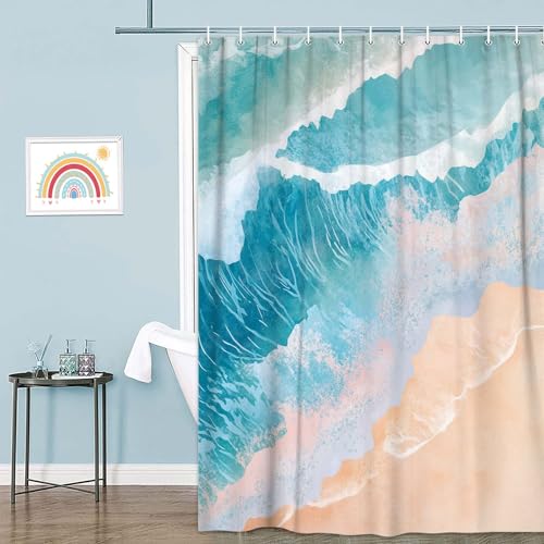 Grtuspr 72x72 Inch Waterproof Seascape Shower Curtain with 12 Hooks - Ocean Waves Beach Bathroom Decor