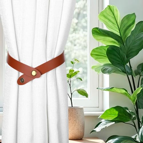 PU Leather Curtain Tie Backs - Adjustable No Drill Holdbacks (Brown)
