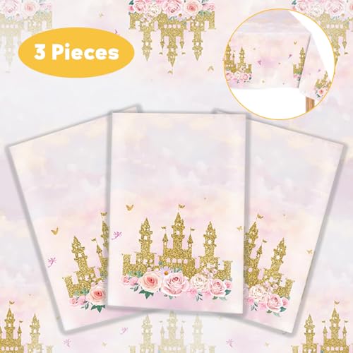 3 Pack Pink Princess Castle Tablecloths - 54x108 Inch Disposable