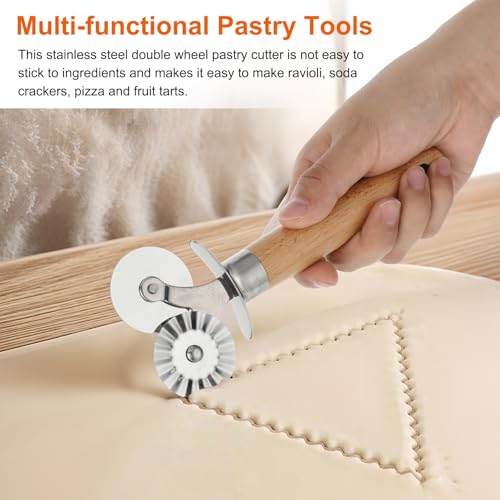 Double Wheel Pastry Cutter with Wooden Handle for Pizza & Cookies