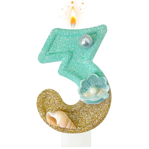 Dayake Blue Beach Number 3 Candle for Birthday Cakes, Mermaid Ocean Theme Decor