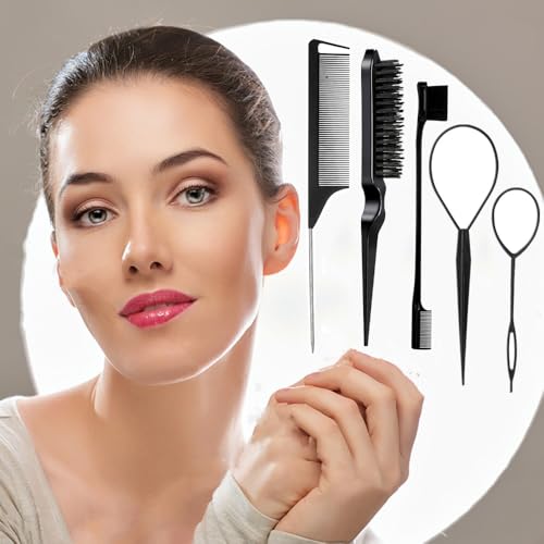 Chayumda 5-Piece Hair Styling Brush Set with Rat Tail Comb and Topsy Tail