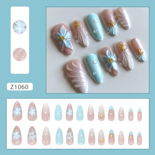 Blue 3D Starfish & Pearl Flower Almond Press on Nails (24 Pcs)