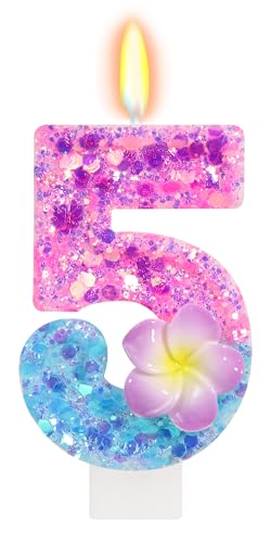 FAMGift Number 5 Shiny Frangipani Birthday Candle - Hawaiian Tropical Decor