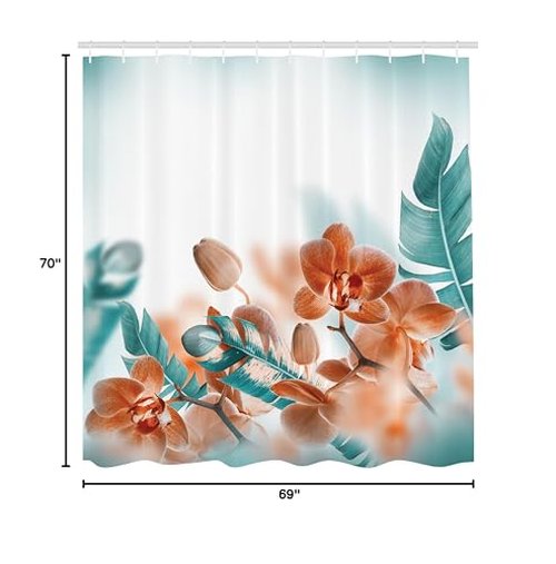 Ambesonne Tropical Shower Curtain Tropical Style Bathroom Decor Orchids Blossom Leaves on Blurred Background Floral Themed Modern Art Fabric for Bath Decor Set with Hooks 69" W x 70" L, Orange Teal