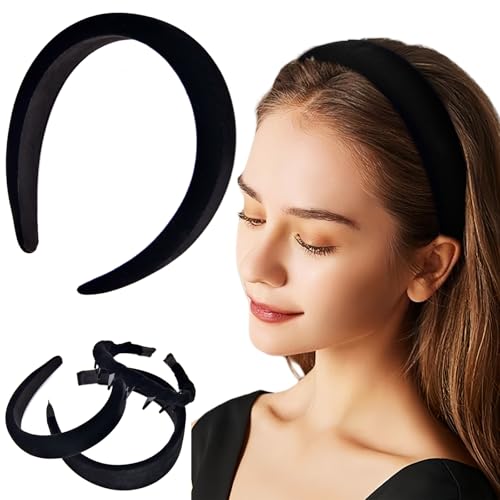 Black Velvet Padded Headbands 3-Piece Set Non-Slip Hair Hoops for Women