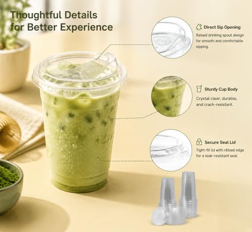 16oz Clear Plastic Cups with Strawless Sip Lids - 25 Sets for Cold Drinks