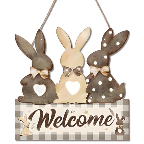 Wooden Bunny Welcome Sign - Easter Door Hanger Decor 12"