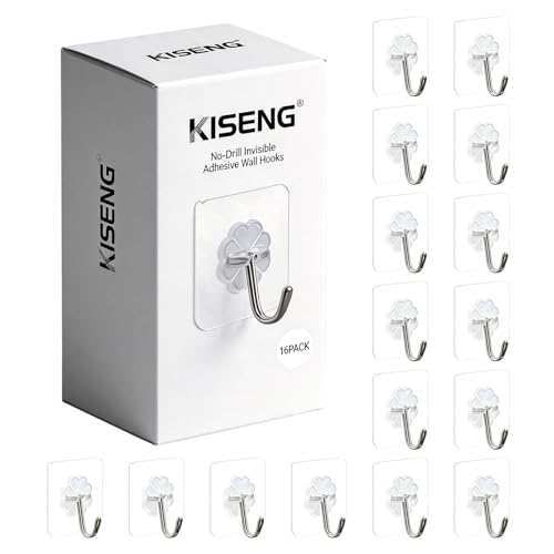 KISENG 16 Pack Crystal Clear Adhesive Hooks, Heavy Duty 22lb Wall Hangers