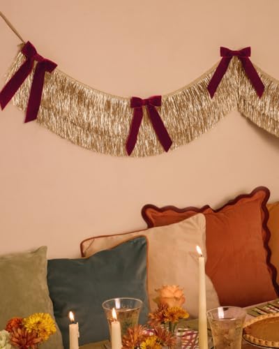 Gold Fringe Banner with Burgundy Velvet Bows - 6 Ft Party Decor