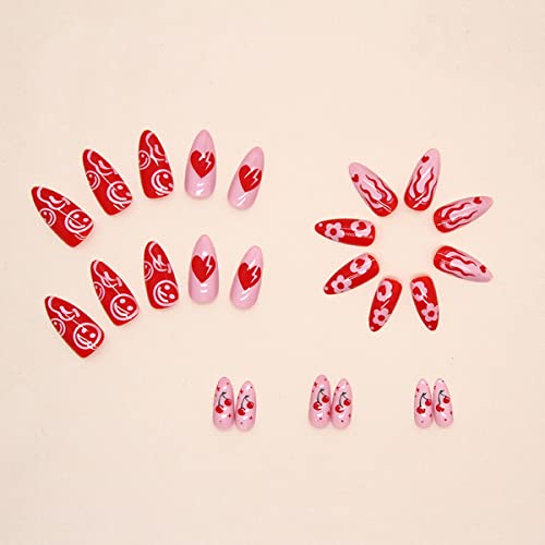 FRUZJAY Red Almond Press on Nails with Cute Flower and Heart Design