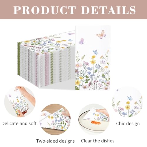50-Pack Watercolor Floral Disposable Hand Towels – Wildflower Napkins