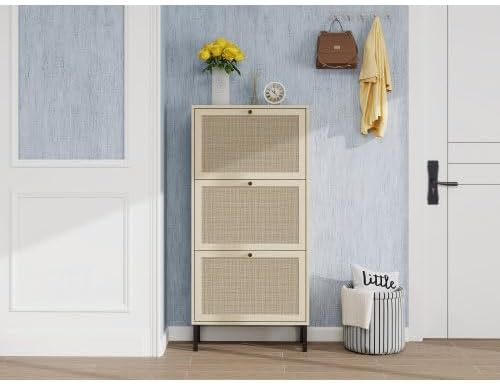 ZeHuoGe Natural Rattan Shoe Storage Rack - Modern 3-Tier Cabinet with 3 Flip Drawers for Entryway