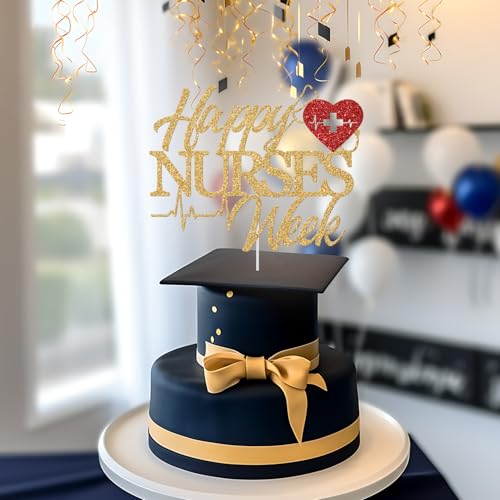 Happy Nurses Week Cake Topper - Gold & Red Glitter Decoration
