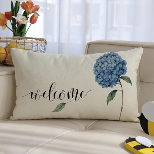 Watercolor Hydrangea Welcome Throw Pillow Cover - 12x20 Inch Floral Cushion Case
