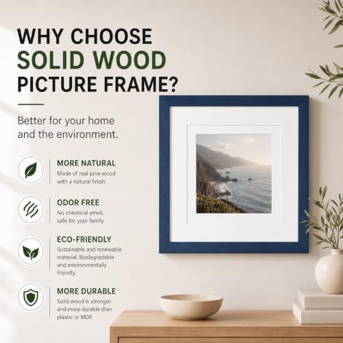 QOTIB 8x8 Solid Wood Picture Frame - Navy Frame with 4x4 & 6x6 Double Mats