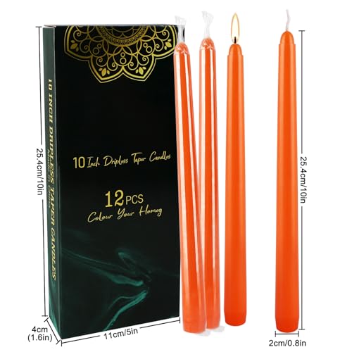 10-Inch Orange Taper Candles - 12 Pack, Unscented & Dripless for Events