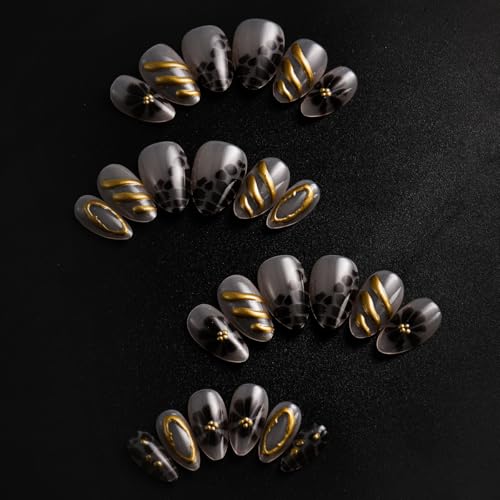 Brown Flower Press on Nails Medium Almond Fake Nails with Gold Design