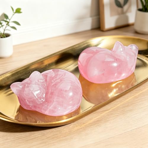 EZEELAI 2" Sleeping Cat Crystal Figurine - Pink Rose Quartz