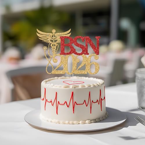 BSN 2026 Graduation Cake Topper Gold And Red Glitter Nursing School
