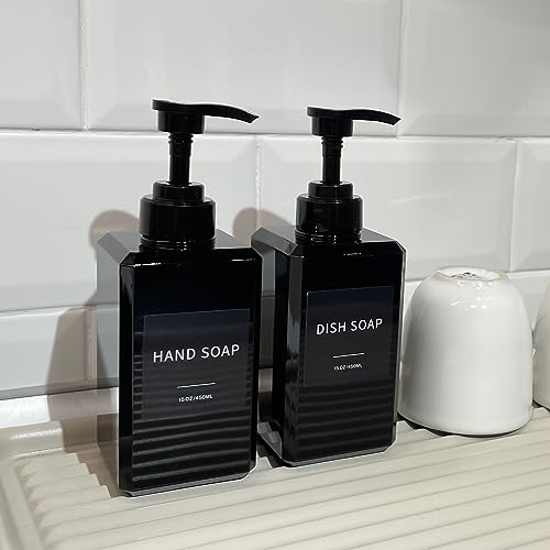 15oz Black Soap Dispenser Set - 2 Pack with Waterproof Labels