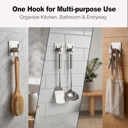 Fotosnow Adhesive Stainless Steel Wall Hooks - 15lb Heavy Duty Silver (4-Pack)