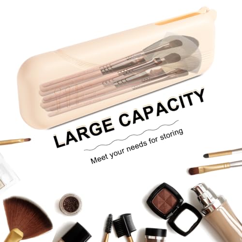 Silicone Makeup Brush Holder Travel Case - Beige Semi-Open Snap Design
