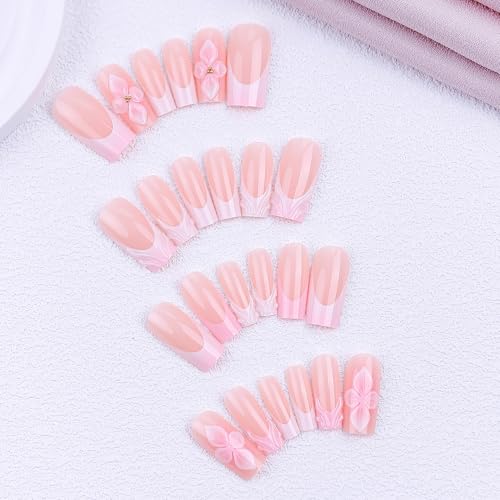 PSBRBAD Long Square French Press on Nails with 3D Flower and Pearl
