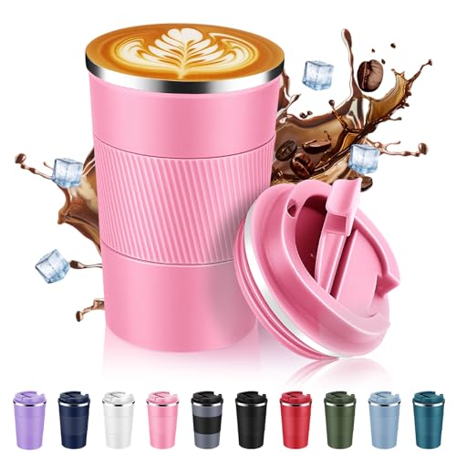 Volhoply Pink 13oz Stainless Steel Insulated Travel Coffee Cup with Leak-Proof Lid