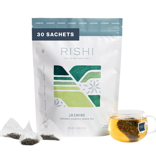 Rishi Organic Jasmine Green Tea, Premium Scented Tea Sachets, 30 Count