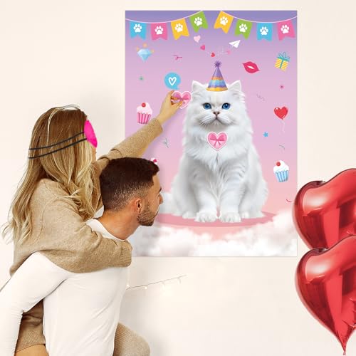 Cat Party Games Set - Pin the Heart on the Cat Poster with Stickers