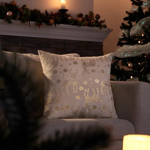 Topfinel Christmas Pillow Covers 16x16 (Set of 2) - Cream Velvet with Snowflakes & Reindeer