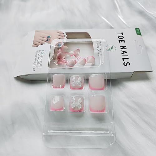 Pink French Tip Press On Toenails Short Square with Bow Charms 24Pcs