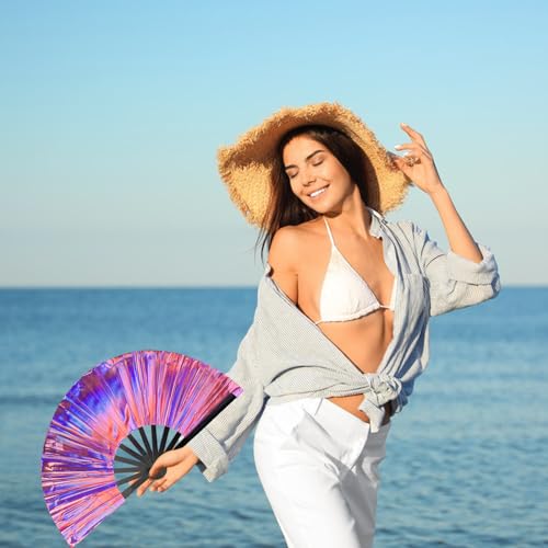 dmjuncong Folding Hand Rave Fan, Holographic Purple, 11 Inch Large PVC Fan