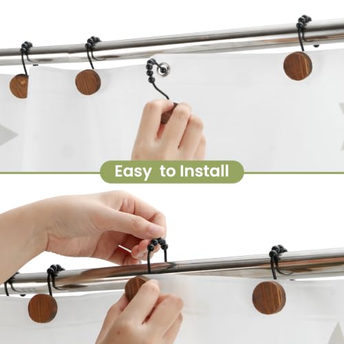Natural Wood Shower Curtain Hooks - Five Beads Design, 12 Pack