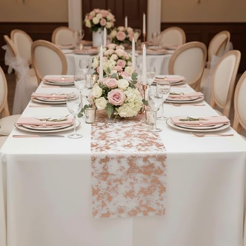 PapaKit Sparkle Metallic Rose Gold Thin Table Runner 11x84 - Pack of 2 for Holidays and Weddings