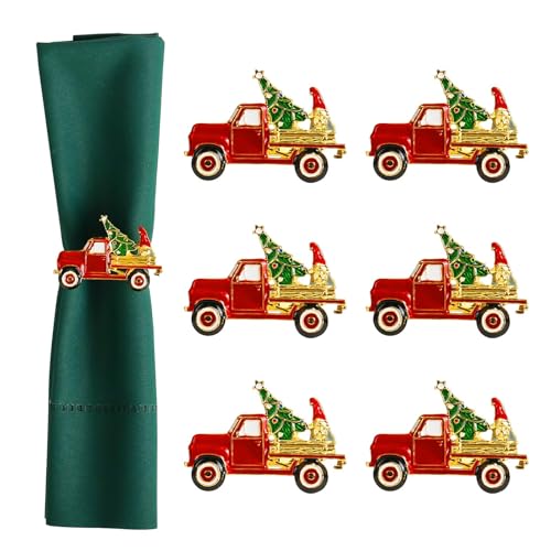 Christmas Car and Tree Napkin Rings Set of 6 - Red Truck & Gnomes Holiday Decor