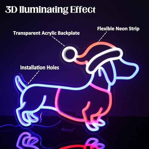 Blue Red White Dachshund Neon Sign with Christmas Hat LED Wall Light for Party Decor