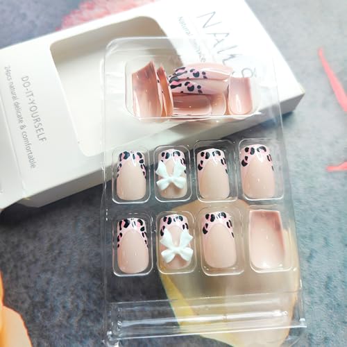Pink Leopard French Tip Press on Nails with Bow and Rhinestones