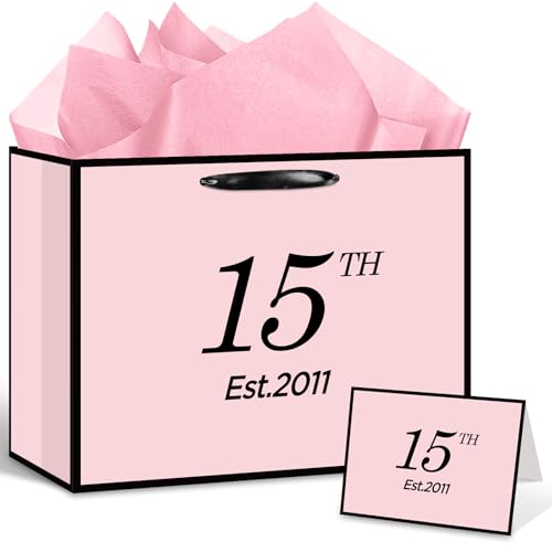 15th Birthday Gift Bag for Girls, Large Pink & Black Est. 2011 Present Bag with Card and Tissue Paper